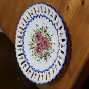 Portuguese Hand Painted Flower Pattern 11.5" Hanging Plate New!